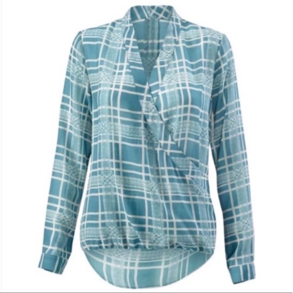 CABI Windowpane Wrap Blouse #3068 Top SZ M Blue